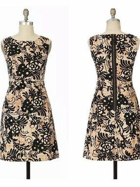 Tabitha Sleeveless Black Floral A-Line Dress in Beige - Classic Elegance
